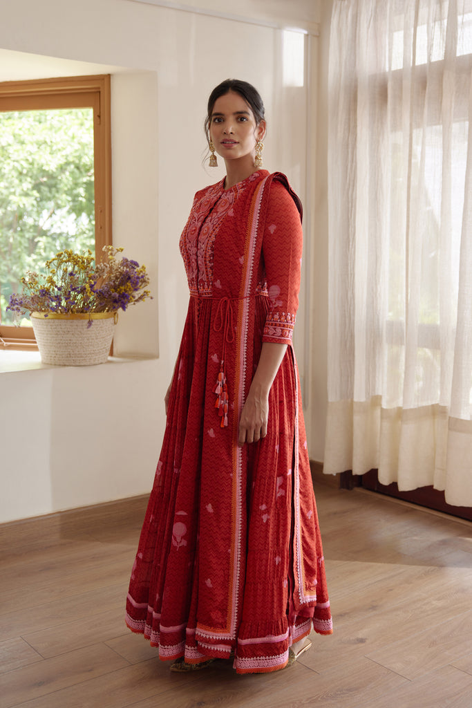 Red Colored Georgette Anarkali Suit With Dupatta - Anarkali