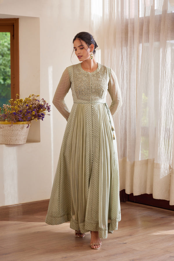 Neutral Green Anarkali Set.