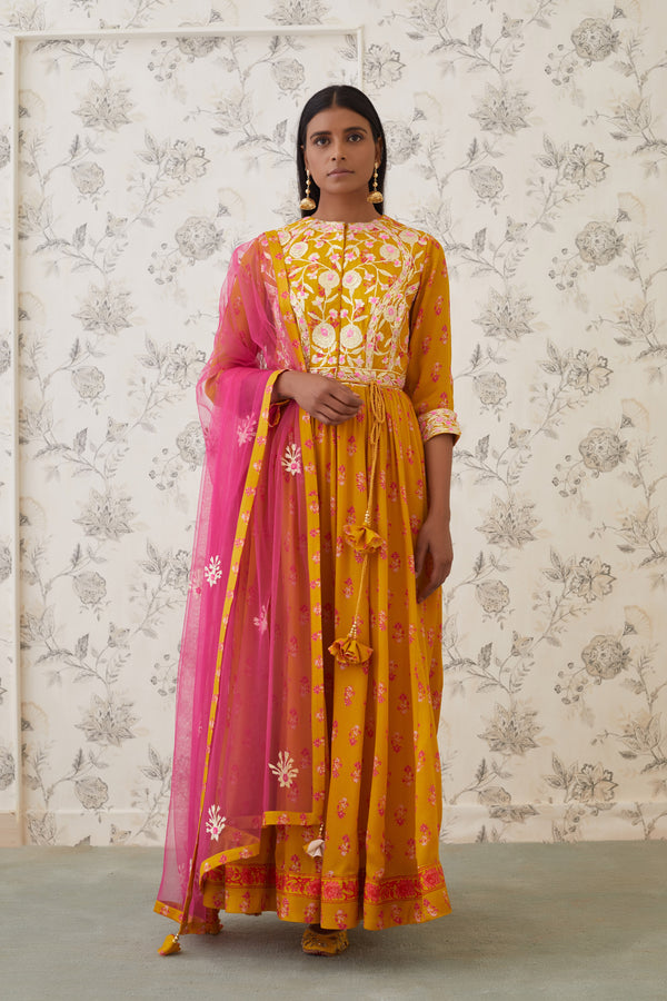 Mustard-Pink Anarkali Set.