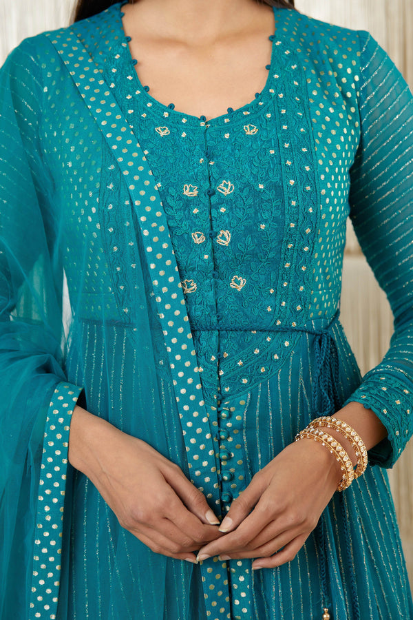 Teal Anarkali set.