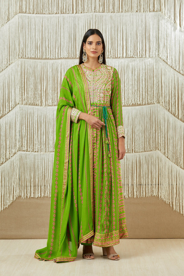 Green Anarkali set.