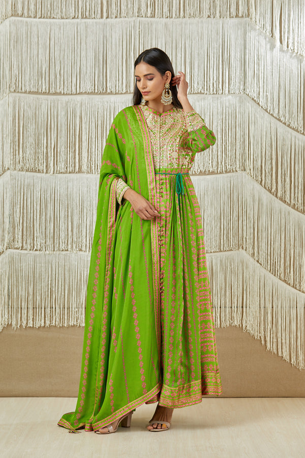 Green Anarkali set.