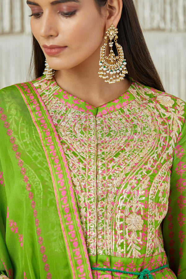 Green Anarkali set.