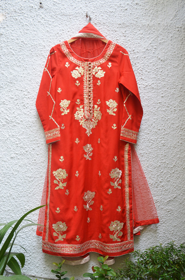 Red Yellow Kurta Set.