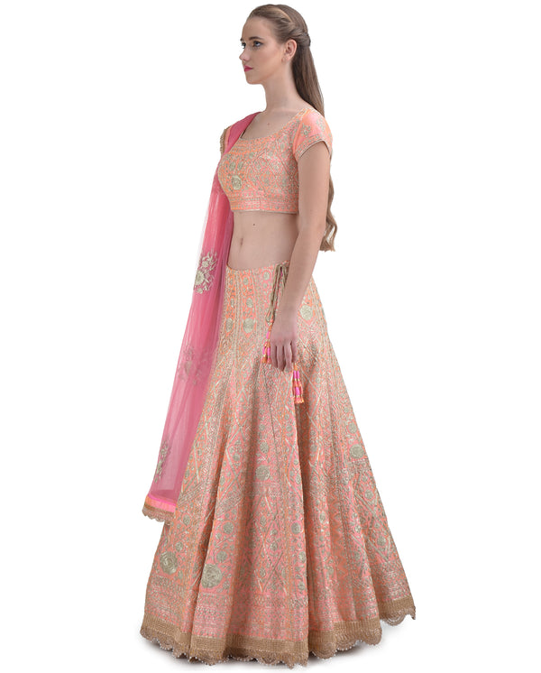 POWDER PINK SILK EMBROIDERED DORI AND ZARI LEHENGA SET