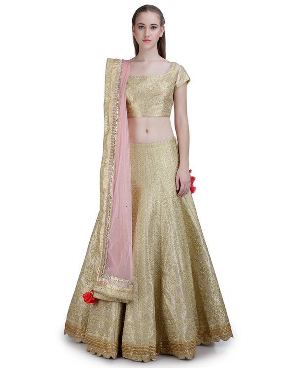 CHAMPAGNE SILK LEHENGA SET.