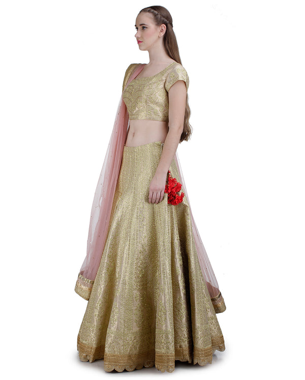 CHAMPAGNE SILK LEHENGA SET.