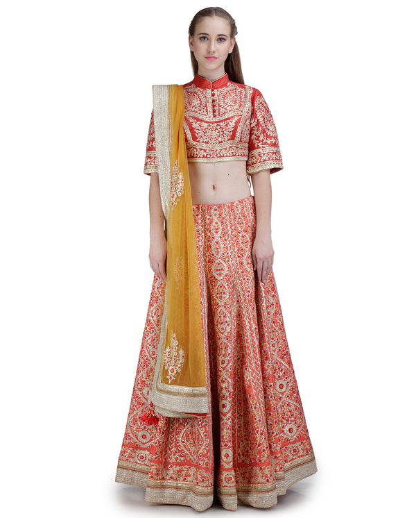 RED EMBROIDERED LEHENGA SET WITH POTLI BUTTON