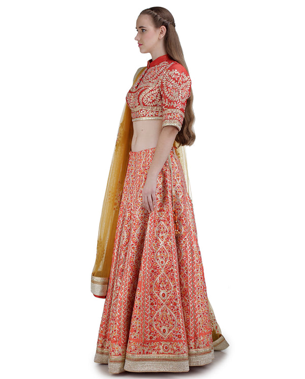 RED EMBROIDERED LEHENGA SET WITH POTLI BUTTON