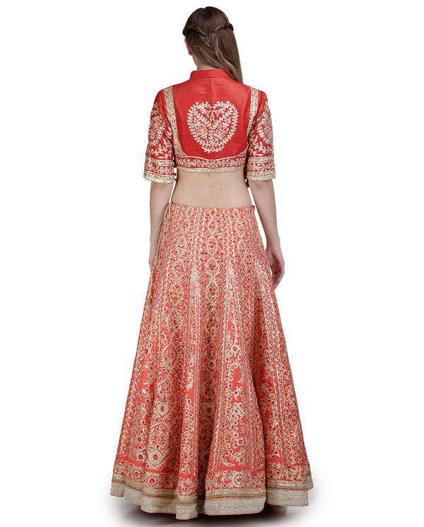 RED EMBROIDERED LEHENGA SET WITH POTLI BUTTON