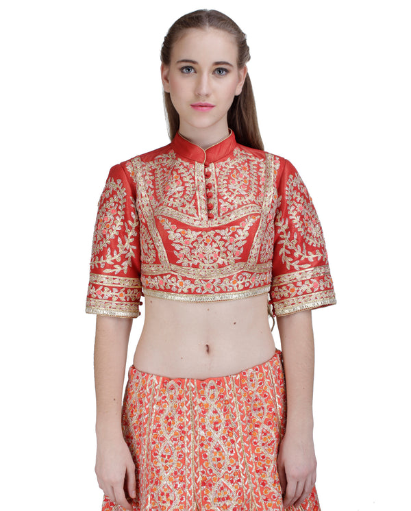 RED EMBROIDERED LEHENGA SET WITH POTLI BUTTON