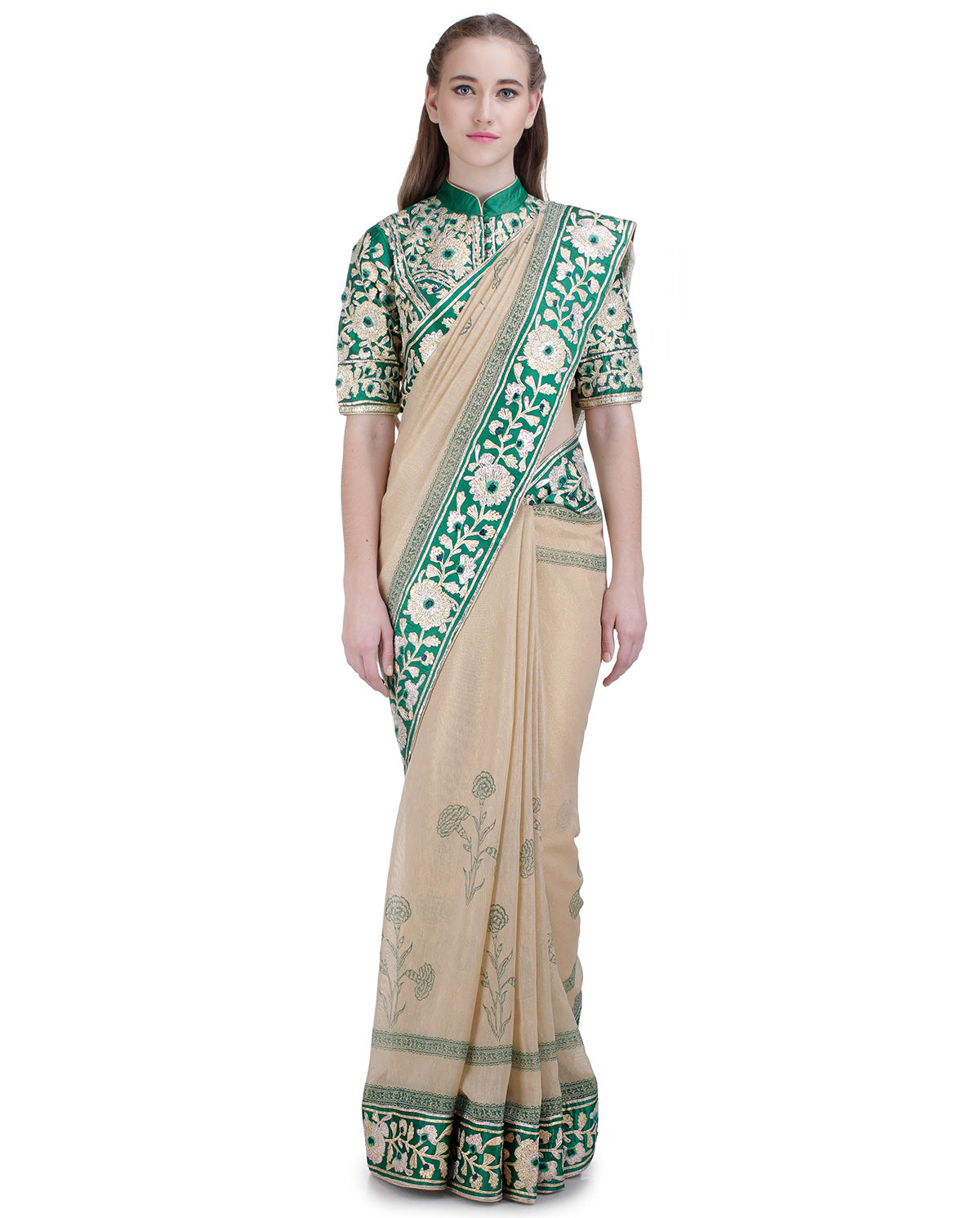 BEIGE AND GREEN SAREE .