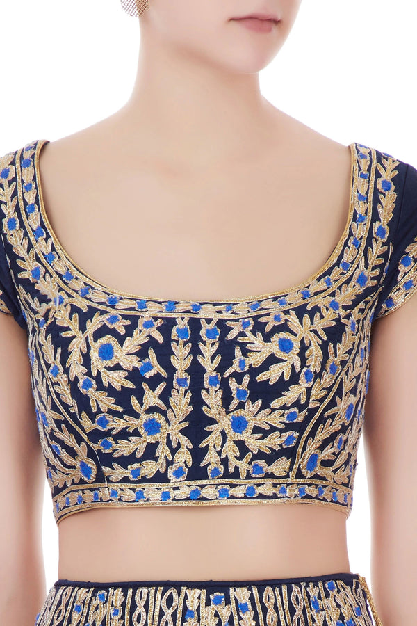 Navy blue lehenga set.