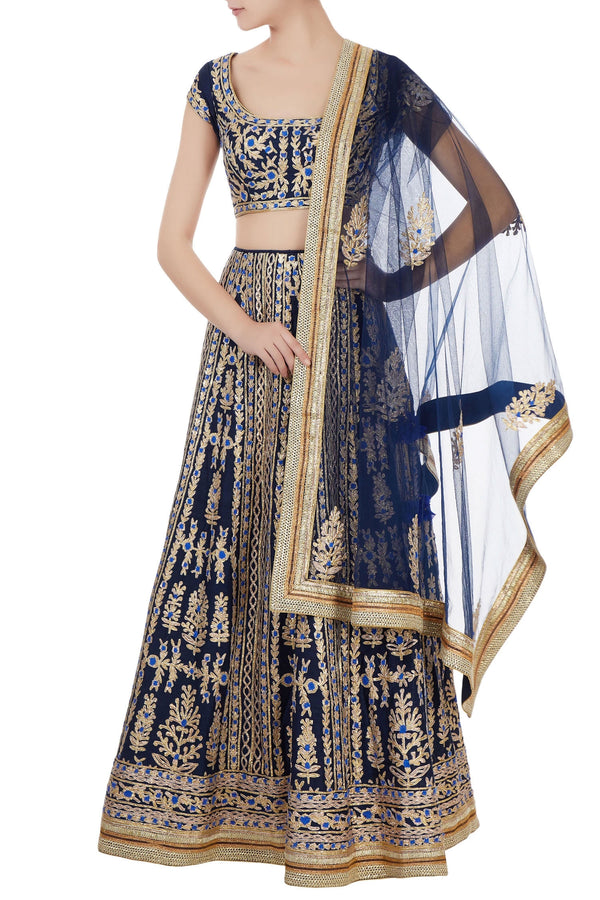 Navy blue lehenga set.