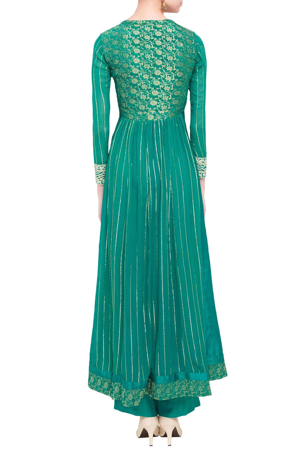 Teal green and green viscose silk gota work kurta set with dupatta