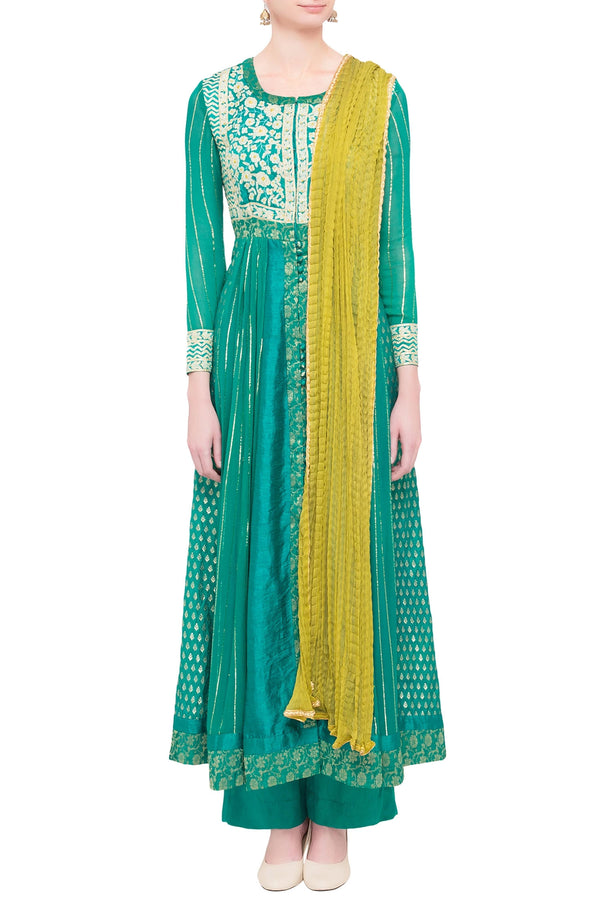 Teal green and green viscose silk gota work kurta set with dupatta