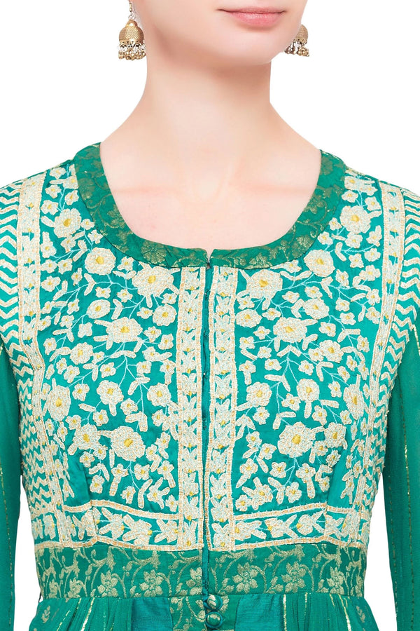 Teal green and green viscose silk gota work kurta set with dupatta