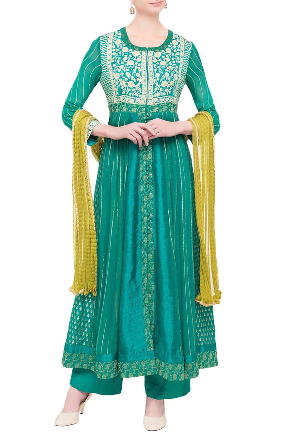 Teal green and green viscose silk gota work kurta set with dupatta