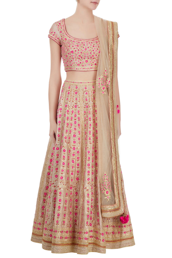 ROSE PINK COLORED GOTA EMBROIDERED RAW SILK LEHENGA