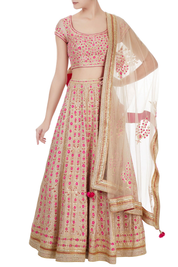 ROSE PINK COLORED GOTA EMBROIDERED RAW SILK LEHENGA