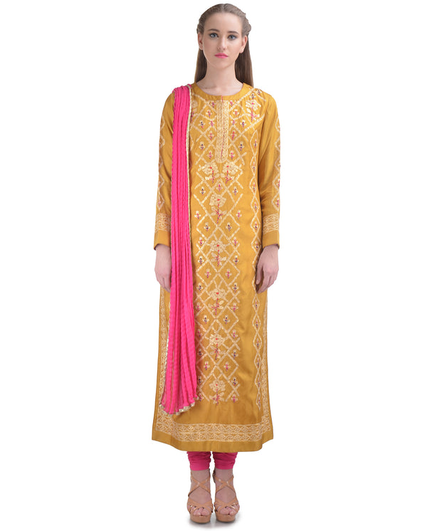 MULTI COLORED THREADS EMBROIDERED PALE GOLDENROD SILK STRAIGHT KURTA SET