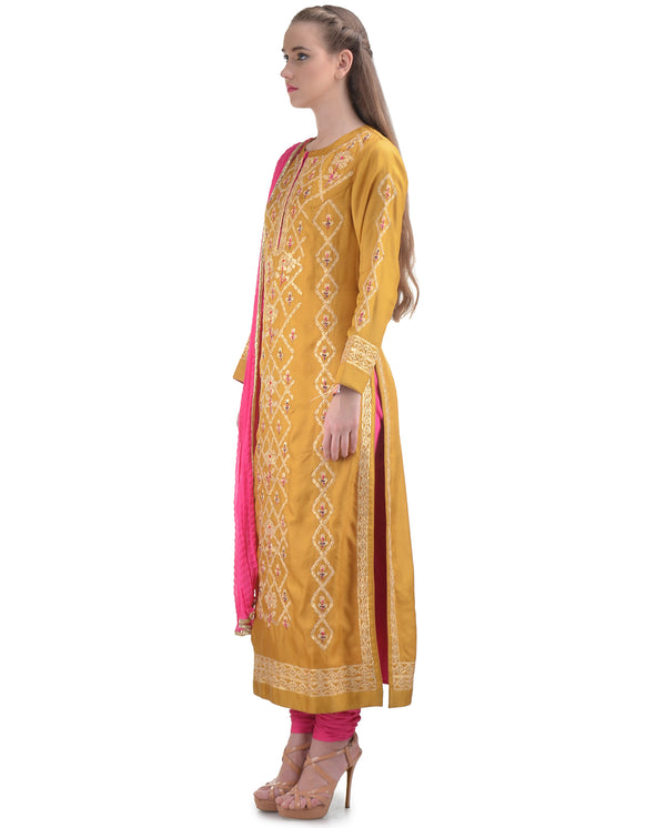 MULTI COLORED THREADS EMBROIDERED PALE GOLDENROD SILK STRAIGHT KURTA SET