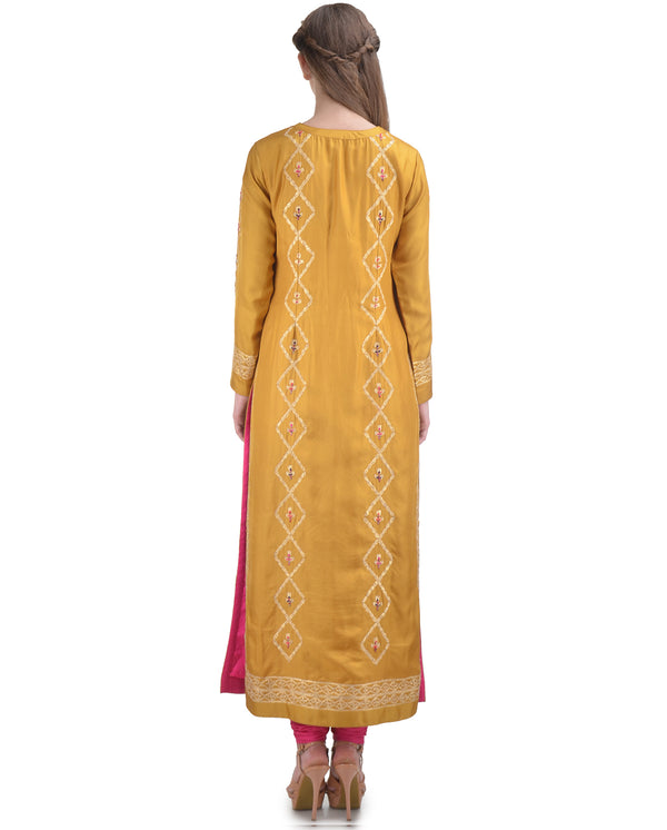 MULTI COLORED THREADS EMBROIDERED PALE GOLDENROD SILK STRAIGHT KURTA SET