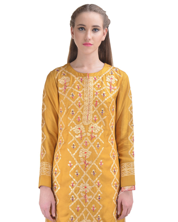 MULTI COLORED THREADS EMBROIDERED PALE GOLDENROD SILK STRAIGHT KURTA SET