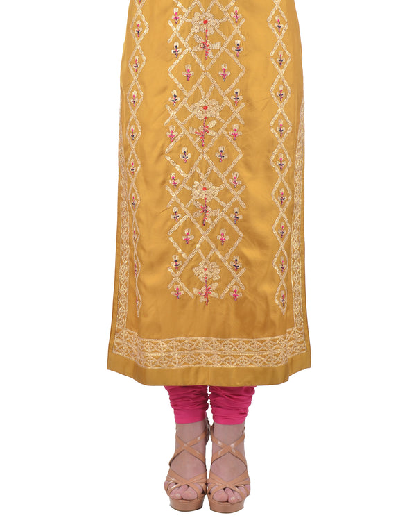 MULTI COLORED THREADS EMBROIDERED PALE GOLDENROD SILK STRAIGHT KURTA SET