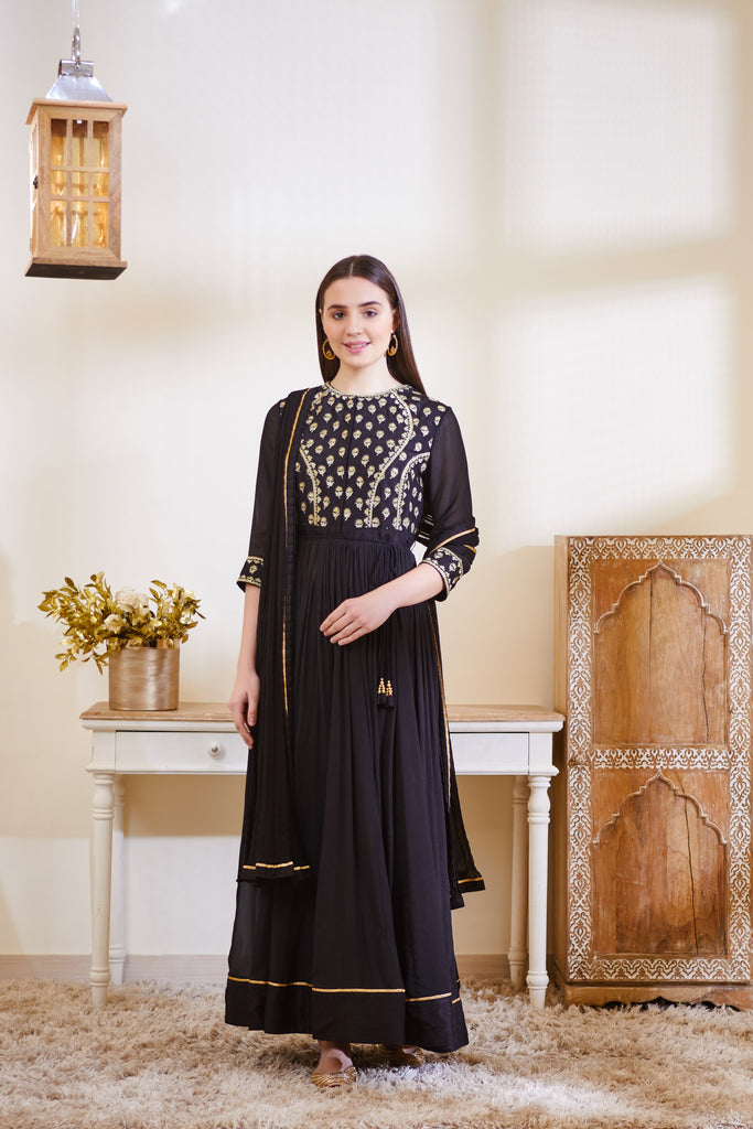 Georgette Black Anarkali Suit with Embroidered UK - AS3718
