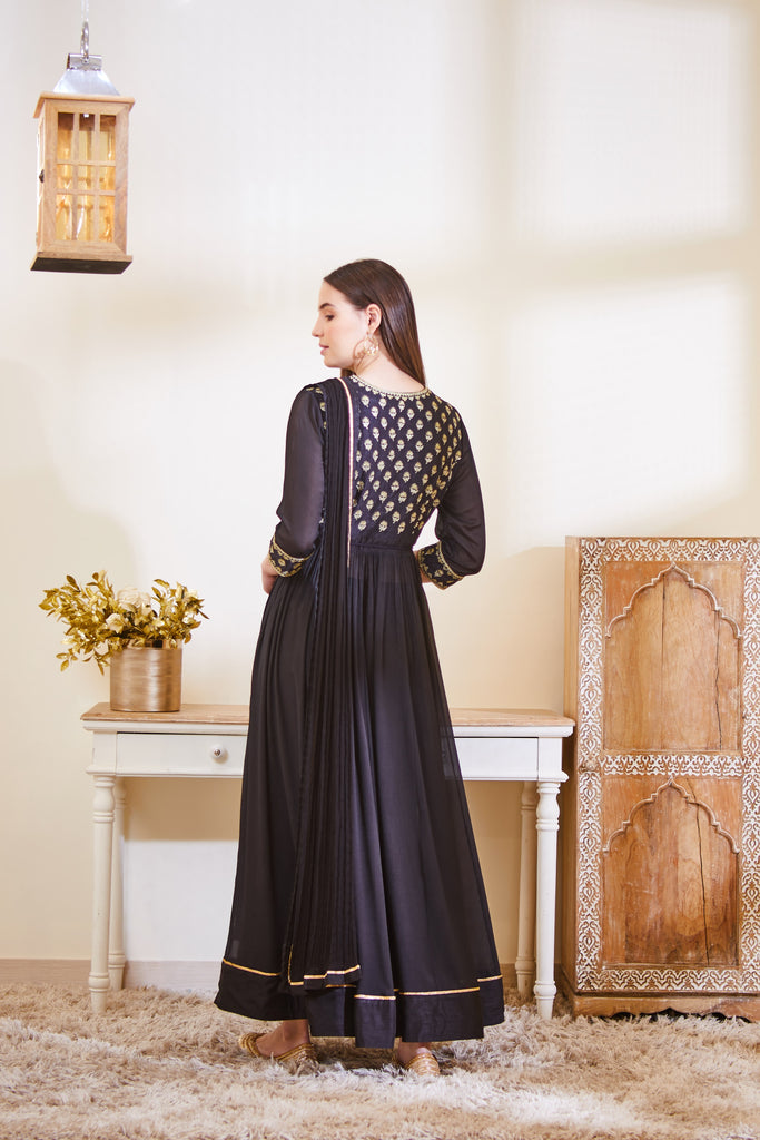 Black Embroidered Silk Slub Anarkali Suit
