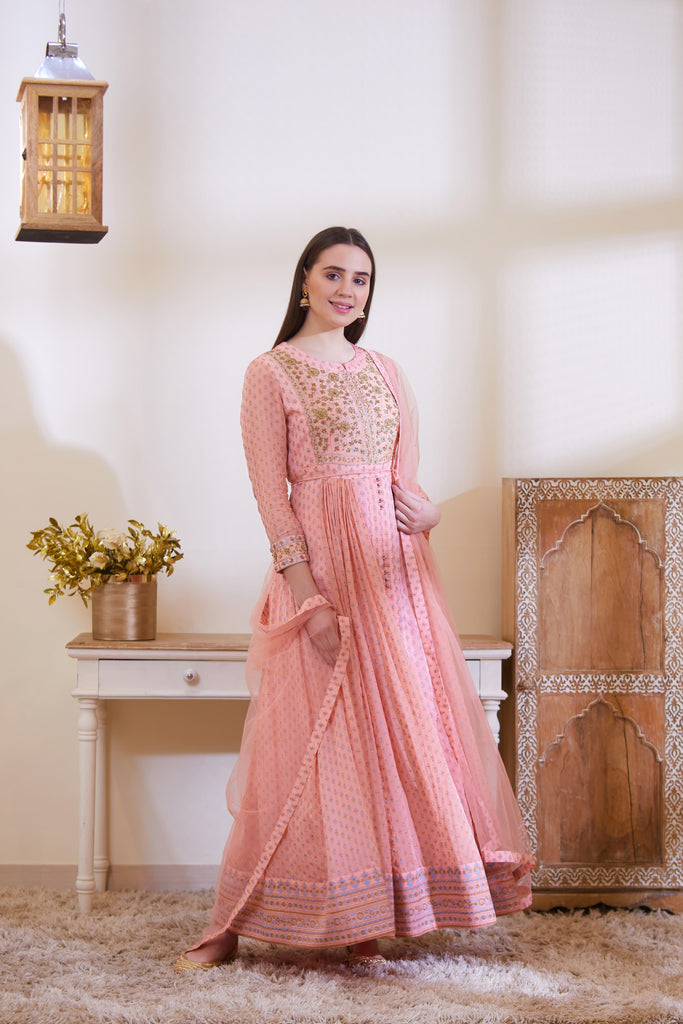 Light Cream Peach Anarkali Gown | Peach Embroidered Party Wear Gown |  Saira's Boutique