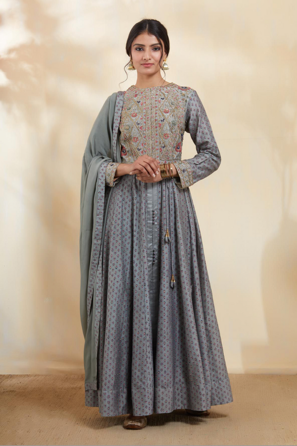 Blue Grey Anarkali Set.