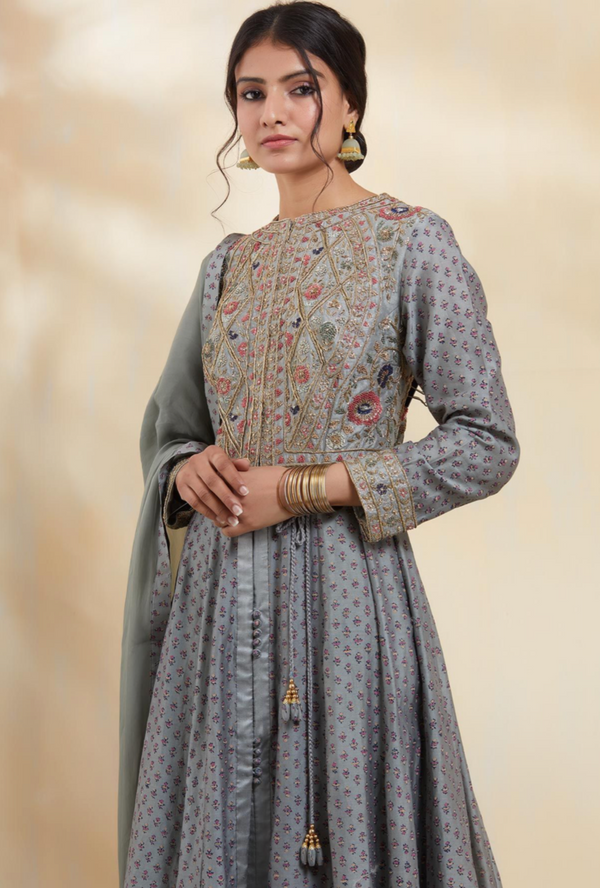 Blue Grey Anarkali Set.