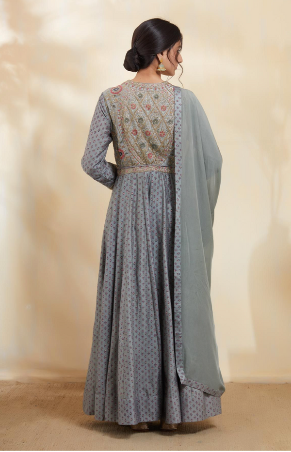 Blue Grey Anarkali Set.