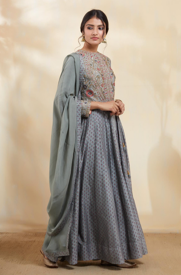 Blue Grey Anarkali Set.