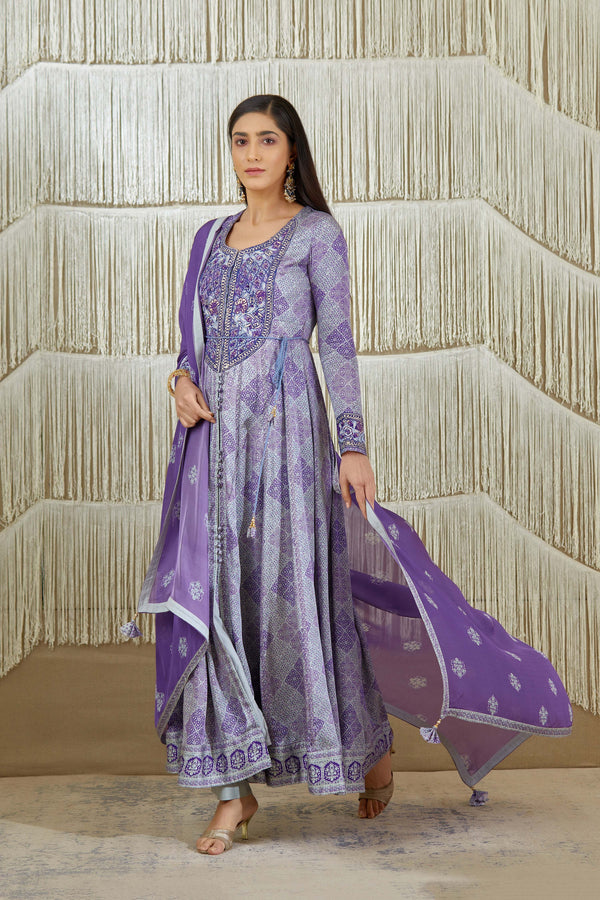 Purple Anarkali set.