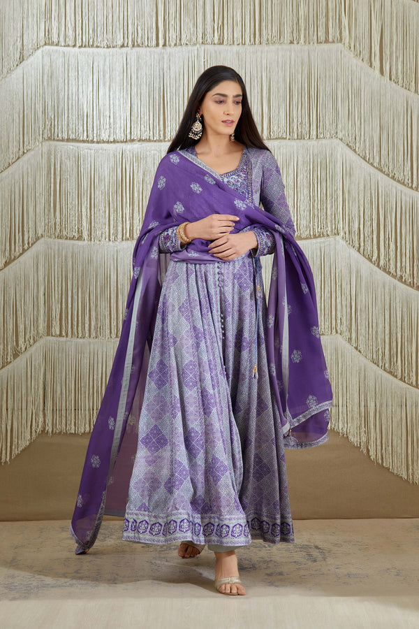 Purple Anarkali set.