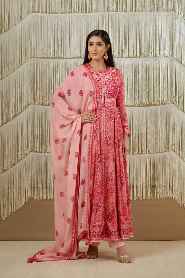 Pink Red Anarkali set.