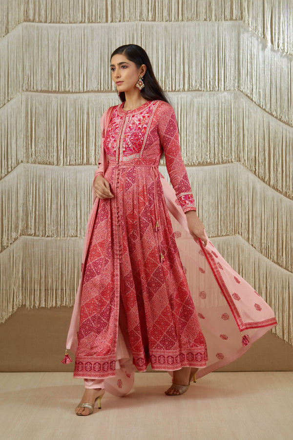 Pink Red Anarkali set.