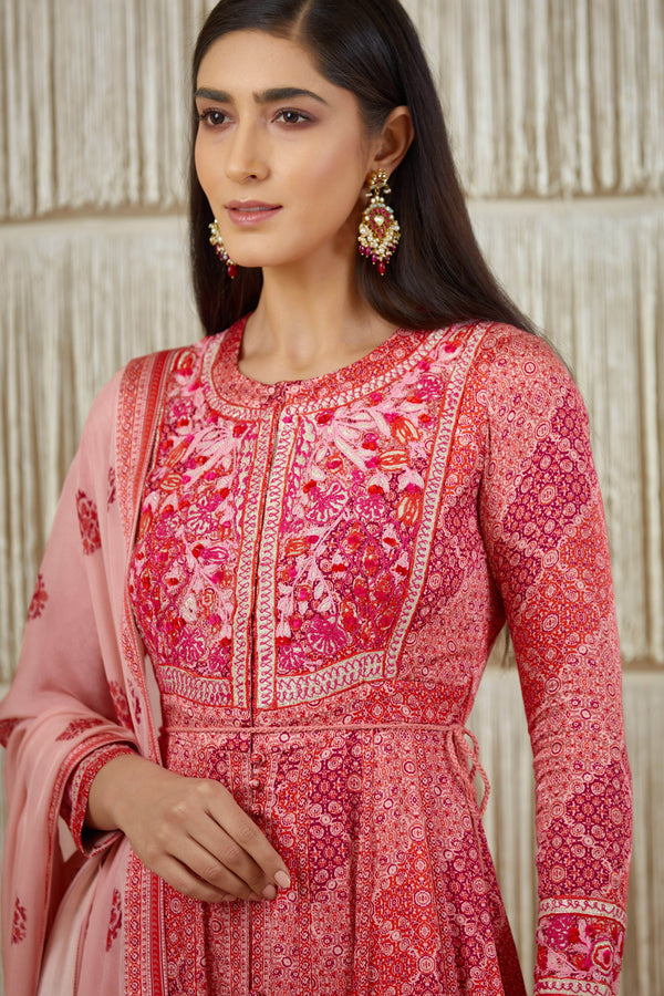 Pink Red Anarkali set.