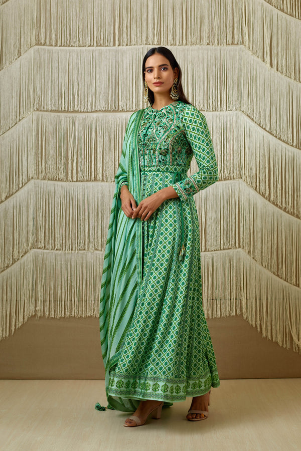 Green Anarkali set.