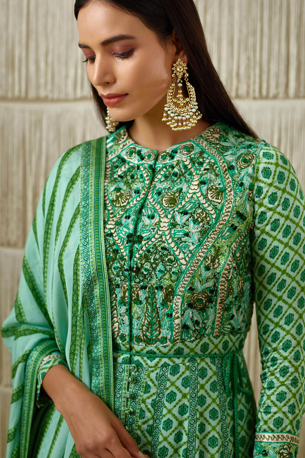 Green Anarkali set.