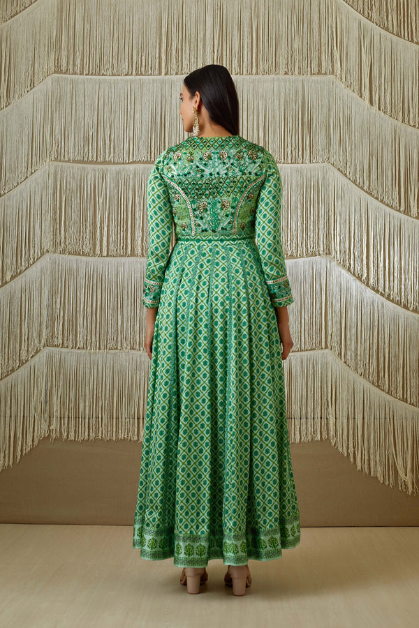 Green Anarkali set.