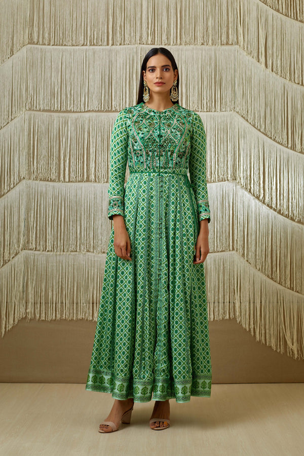 Green Anarkali set.