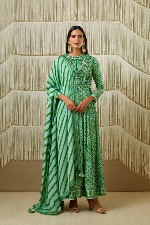 Green Anarkali set.