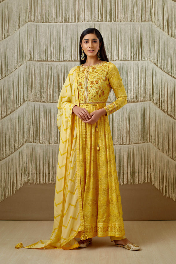 Yellow Anarkali set.