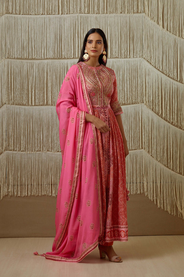 Orange Pink Anarkali set.