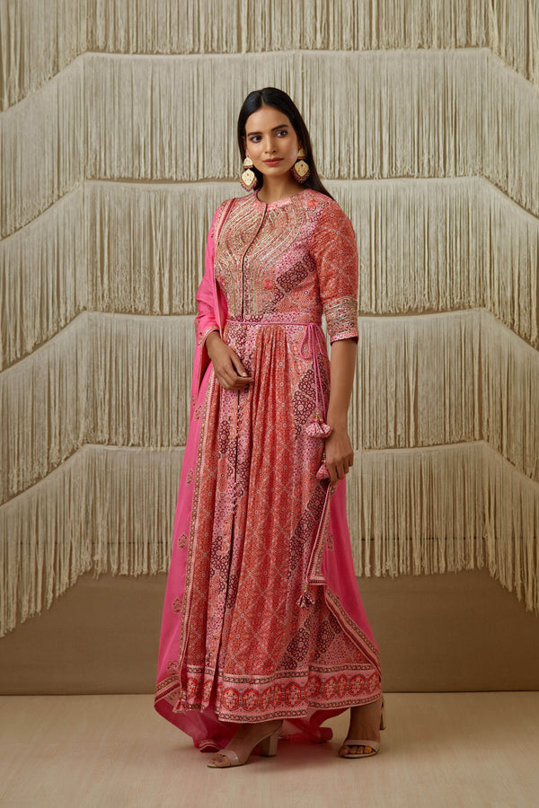 Orange Pink Anarkali set.