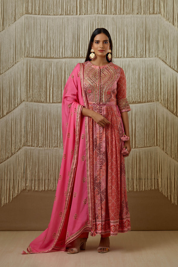 Orange Pink Anarkali set.